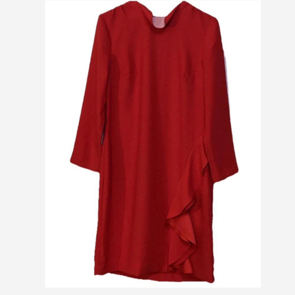 Banana Republic Dress Ruffled Sheath Women’s Size 8 Red Hidden Back Zipper Poly - Picture 2 of 4